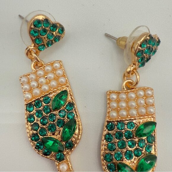Elegant Green Rhinestone and Faux Pearl Studded Drink Earrings - Picture 6 of 7